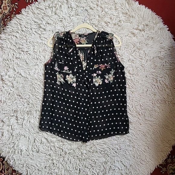 Millau Sleeveless Semi Sheer Blouse Flowy Mixed Print Polka Dots & Floral - XS - Picture 1 of 12